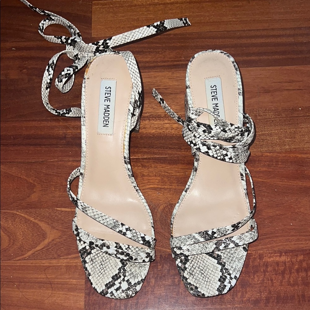 Steve Madden Black and Cream Snake Print Block Heel Sandals